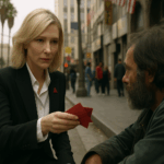 Cate Blanchett als Rekrutiererin in Squid Game: Die Schauspielerin im dunklen Anzug überreicht einem Mann auf der Straße einen roten Umschlag – eine ikonische Szene, die auf das mögliche US-Spin-off der Netflix-Serie hindeutet