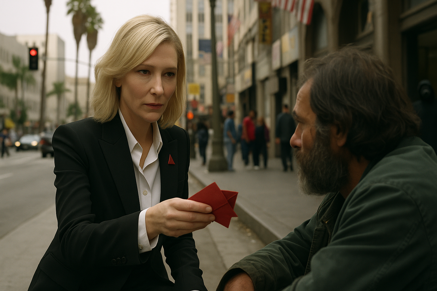 Cate Blanchett als Rekrutiererin in Squid Game: Die Schauspielerin im dunklen Anzug überreicht einem Mann auf der Straße einen roten Umschlag – eine ikonische Szene, die auf das mögliche US-Spin-off der Netflix-Serie hindeutet
