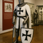 Das Foto zeigt eine lebensgroße Ritterfigur des Johanniterordens in einer Museumsausstellung. Die Figur trägt eine vollständige mittelalterliche Ritterrüstung, bestehend aus Kettenhemd, Stahlhelm, Plattenpanzern und einem weißen Waffenrock mit dem typischen schwarzen Kreuz des Ordens. In der rechten Hand hält der Ritter ein Schwert, in der linken ein passendes Schild mit Kreuzsymbol. Im Hintergrund ist ein rotes Ausstellungspanel mit der Aufschrift „750 Jahre Johanniter“ zu sehen. Daneben befinden sich weitere Rüstungen, Helme und Waffen in beleuchteten Glasvitrinen. Die Szene ist in warmem Licht gehalten, das die Details der historischen Ausstellungsstücke eindrucksvoll hervorhebt. Der Raum hat einen Parkettboden und wirkt gepflegt und ruhig – typisch für eine museale Umgebung.