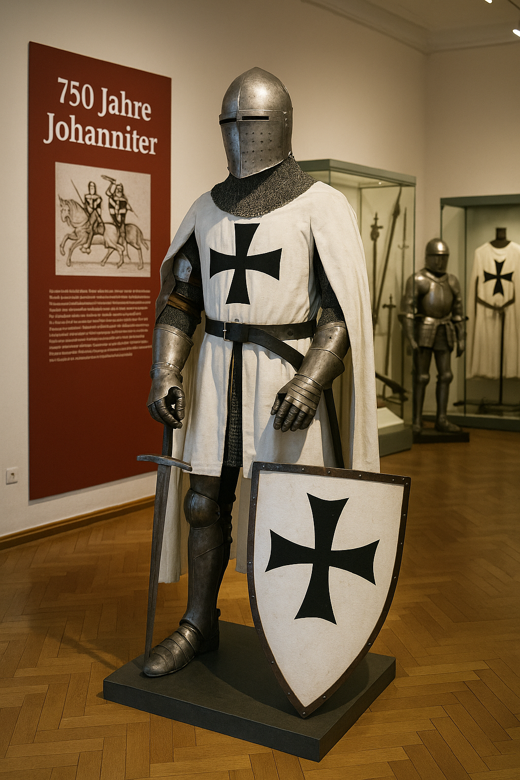Das Foto zeigt eine lebensgroße Ritterfigur des Johanniterordens in einer Museumsausstellung. Die Figur trägt eine vollständige mittelalterliche Ritterrüstung, bestehend aus Kettenhemd, Stahlhelm, Plattenpanzern und einem weißen Waffenrock mit dem typischen schwarzen Kreuz des Ordens. In der rechten Hand hält der Ritter ein Schwert, in der linken ein passendes Schild mit Kreuzsymbol. Im Hintergrund ist ein rotes Ausstellungspanel mit der Aufschrift „750 Jahre Johanniter“ zu sehen. Daneben befinden sich weitere Rüstungen, Helme und Waffen in beleuchteten Glasvitrinen. Die Szene ist in warmem Licht gehalten, das die Details der historischen Ausstellungsstücke eindrucksvoll hervorhebt. Der Raum hat einen Parkettboden und wirkt gepflegt und ruhig – typisch für eine museale Umgebung.