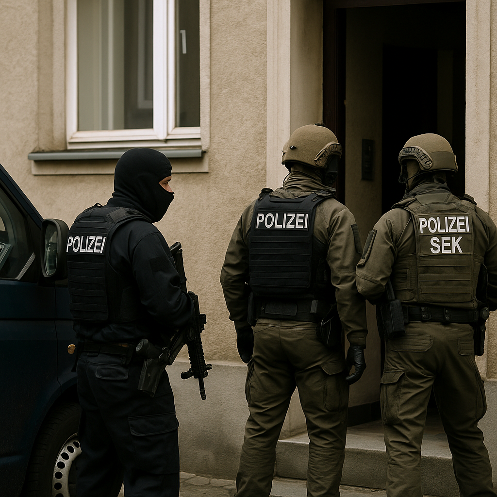 Das Bild zeigt eine realistische Szene eines Polizeieinsatzes vor einem Wohnhaus. Drei schwer bewaffnete Beamte – zwei in olivgrüner SEK-Spezialausrüstung mit Helmen, einer in schwarzer Einsatzkleidung mit Sturmhaube – stehen vor einem offenen Hauseingang. Auf ihren Westen ist deutlich „POLIZEI“ bzw. „POLIZEI SEK“ zu lesen. Links im Bild steht ein dunkler Einsatzwagen mit geöffnetem Seitenspiegel. Die Hausfassade wirkt alt und schlicht, mit einem weißen Fenster über dem Einsatzort. Die Beamten wirken konzentriert, bereit zum Zugriff.