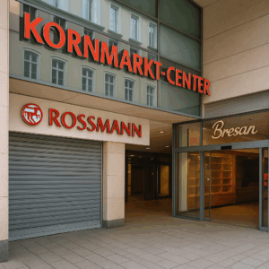 Eingang des Kornmarkt-Centers in Bautzen mit geschlossener Rossmann-Filiale und leerer Bäckerei Bresan. Deutlich sichtbare rote Beschriftung ‚Kornmarkt-Center‘ und Logos der Geschäfte. Das Bild zeigt die Schließungen im Center.