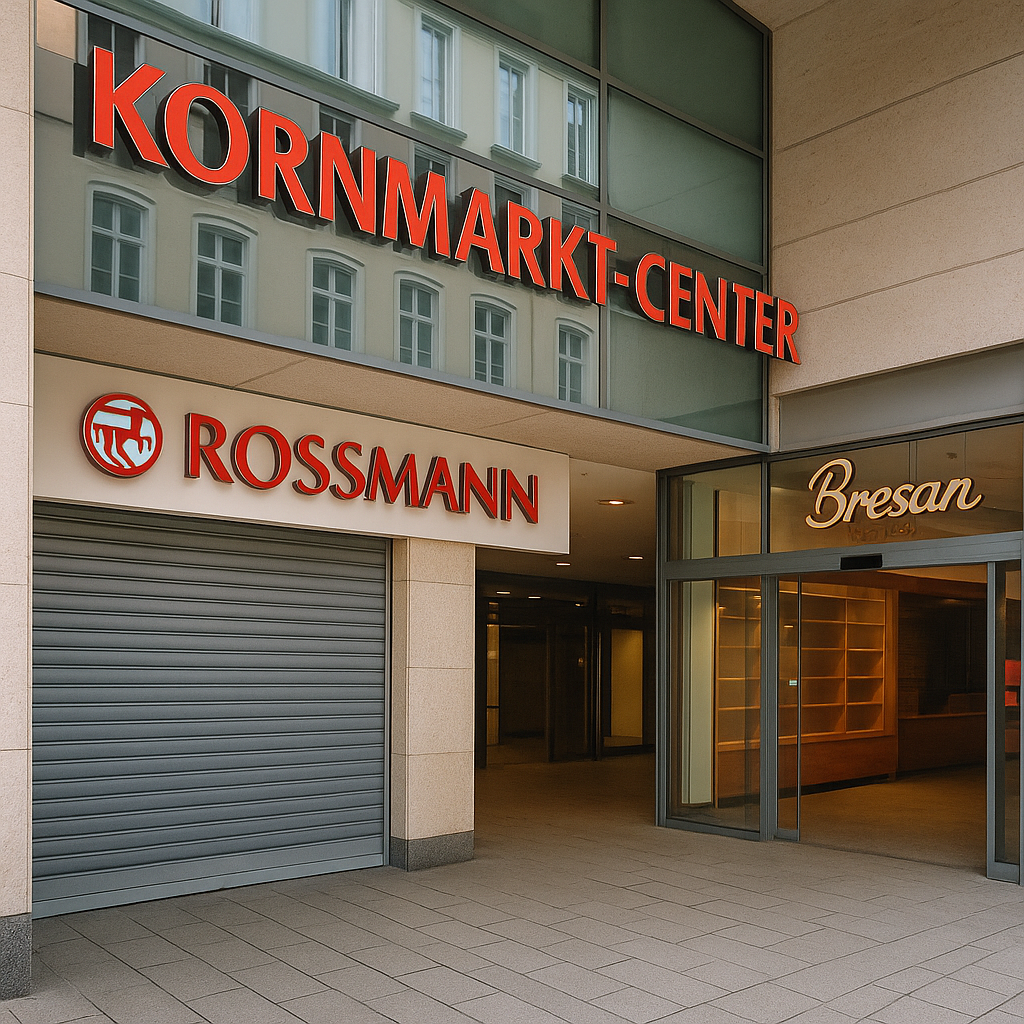 Eingang des Kornmarkt-Centers in Bautzen mit geschlossener Rossmann-Filiale und leerer Bäckerei Bresan. Deutlich sichtbare rote Beschriftung ‚Kornmarkt-Center‘ und Logos der Geschäfte. Das Bild zeigt die Schließungen im Center.