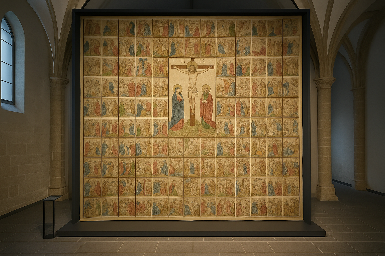 Das Zittauer Fastentuch von 1472 ausgestellt im Museum Kirche zum Heiligen Kreuz. Das große mittelalterliche Tuch zeigt 90 biblische Szenen in rechteckigen Bildfeldern mit einer zentralen Kreuzigungsdarstellung. Umgeben von gotischen Säulen und dezentem Museumslicht