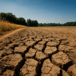Dürre in Sachsen: Rissiger, ausgetrockneter Acker unter blauem Himmel. Vertrocknete Böden und Hitze durch Hitzewelle im Juni, Klimawandel in Deutschland sichtbar