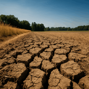 Dürre in Sachsen: Rissiger, ausgetrockneter Acker unter blauem Himmel. Vertrocknete Böden und Hitze durch Hitzewelle im Juni, Klimawandel in Deutschland sichtbar
