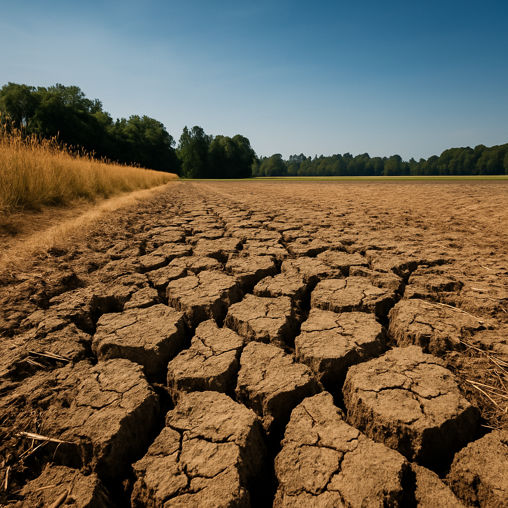Dürre in Sachsen: Rissiger, ausgetrockneter Acker unter blauem Himmel. Vertrocknete Böden und Hitze durch Hitzewelle im Juni, Klimawandel in Deutschland sichtbar