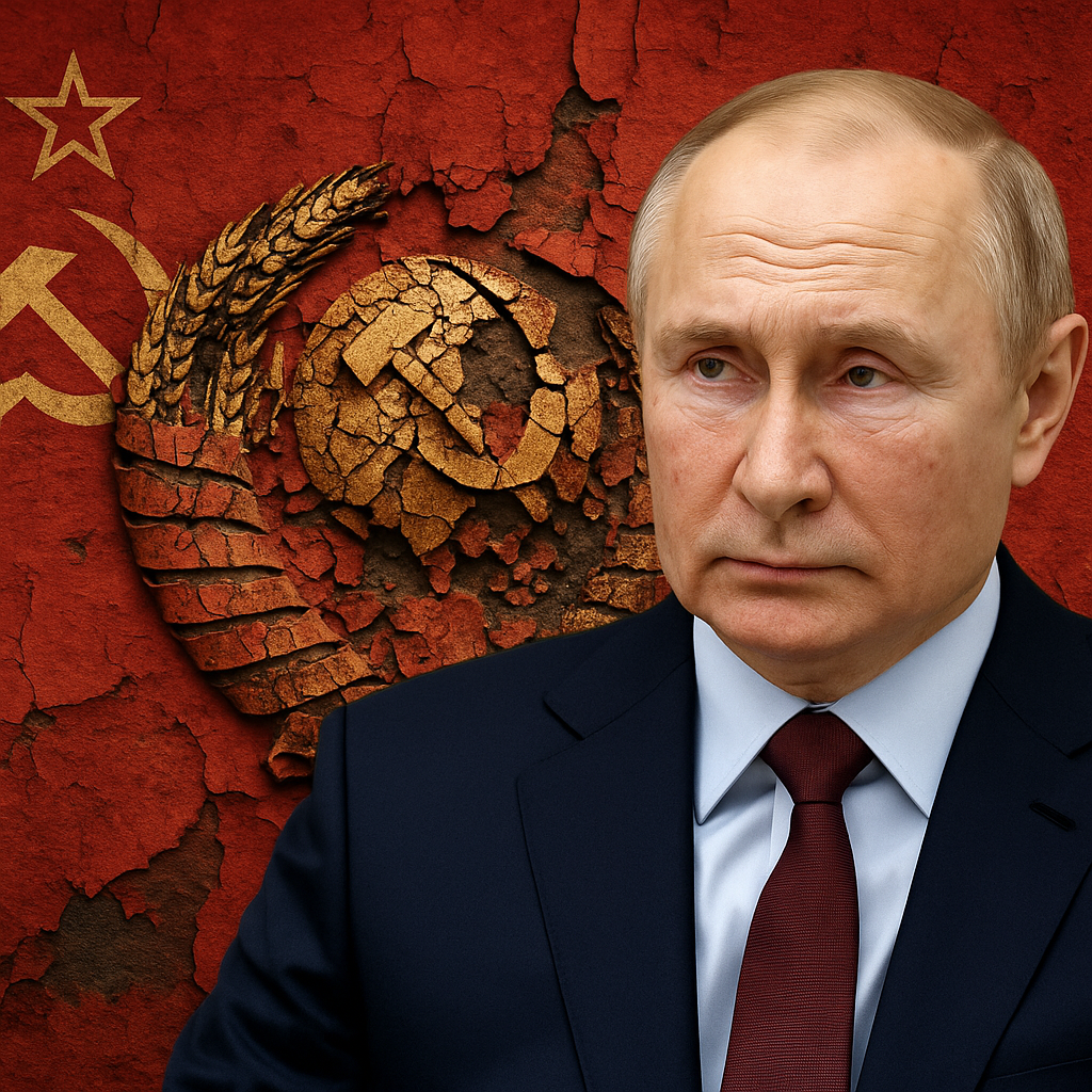 Der russische Präsident Wladimir Putin im dunklen Anzug mit roter Krawatte steht vor einer stark verwitterten, rissigen Sowjetflagge. Im Hintergrund ist das bröckelnde Emblem der Sowjetunion mit Hammer, Sichel und Ähren deutlich sichtbar. Die abblätternde rote Farbe und die zerfallenden Symbole vermitteln den Eindruck von Zerfall und Niedergang.