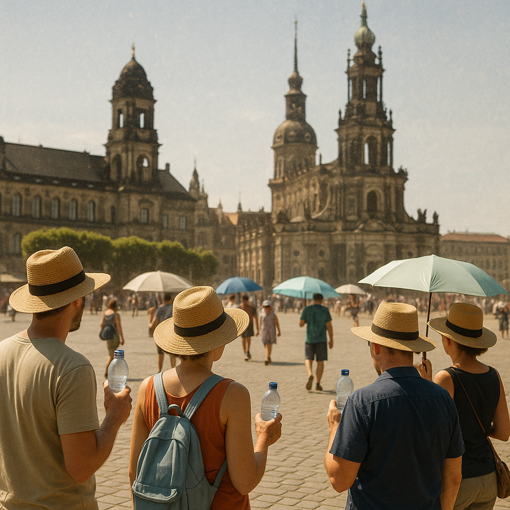 Menschen mit Sonnenhüten, Wasserflaschen und Sonnenschirmen auf einem gepflasterten Stadtplatz in Dresden bei knalliger Sonne und sichtbarer Sommerhitze