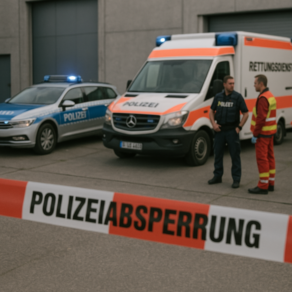 Polizeifahrzeuge mit Blaulicht vor einem mittelgroßen Firmengebäude in einer bayerischen Kleinstadt, Absperrband im Vordergrund, mehrere Polizisten mit Westen, ernste Stimmung, Tageslicht, Sommerwetter. Im Hintergrund unscharfe ländliche Bebauung.