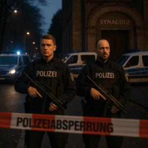 Polizeibeamte mit Maschinenpistolen sichern den Eingang einer Synagoge in Berlin, Absperrband, mehrere Einsatzfahrzeuge im Hintergrund, ernste Atmosphäre, abends oder frühes Morgengrauen, Sicherheitslage erkennbar angespannt.