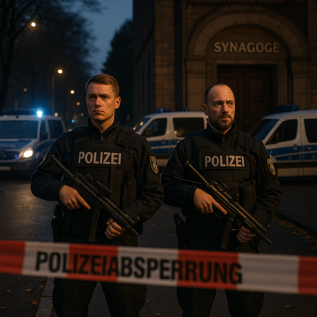 Polizeibeamte mit Maschinenpistolen sichern den Eingang einer Synagoge in Berlin, Absperrband, mehrere Einsatzfahrzeuge im Hintergrund, ernste Atmosphäre, abends oder frühes Morgengrauen, Sicherheitslage erkennbar angespannt.