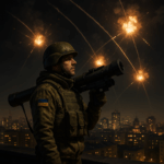 Ukrainischer Soldat mit tragbarem Flugabwehrsystem (z. B. Stinger) steht nachts auf einem Dach in Kiew, am Himmel Explosionen durch Abfangraketen, im Hintergrund erleuchtete Stadt, dramatische, angespannte Stimmung