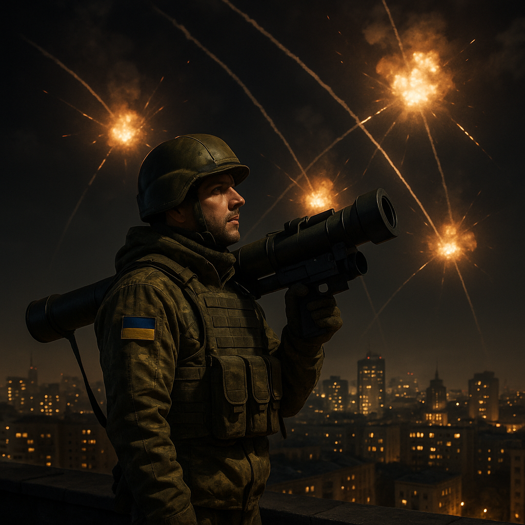 Ukrainischer Soldat mit tragbarem Flugabwehrsystem (z. B. Stinger) steht nachts auf einem Dach in Kiew, am Himmel Explosionen durch Abfangraketen, im Hintergrund erleuchtete Stadt, dramatische, angespannte Stimmung