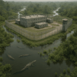 Luftaufnahme eines Gefängniskomplexes mitten im Sumpf von Louisiana, mit Stacheldrahtzaun, Wachturm und Alligatoren in Wasserläufen. Drumherum dichte Vegetation, feuchte Hitze, isolierte Lage