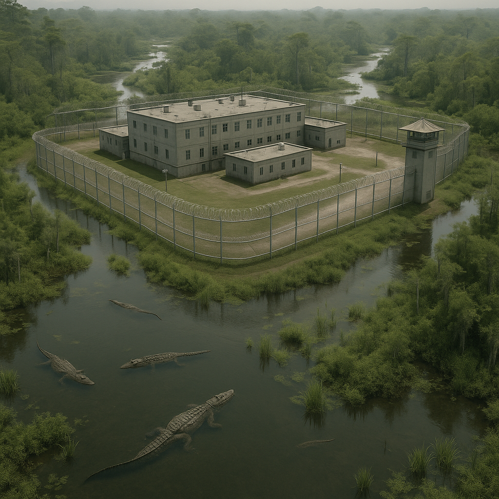 Luftaufnahme eines Gefängniskomplexes mitten im Sumpf von Louisiana, mit Stacheldrahtzaun, Wachturm und Alligatoren in Wasserläufen. Drumherum dichte Vegetation, feuchte Hitze, isolierte Lage