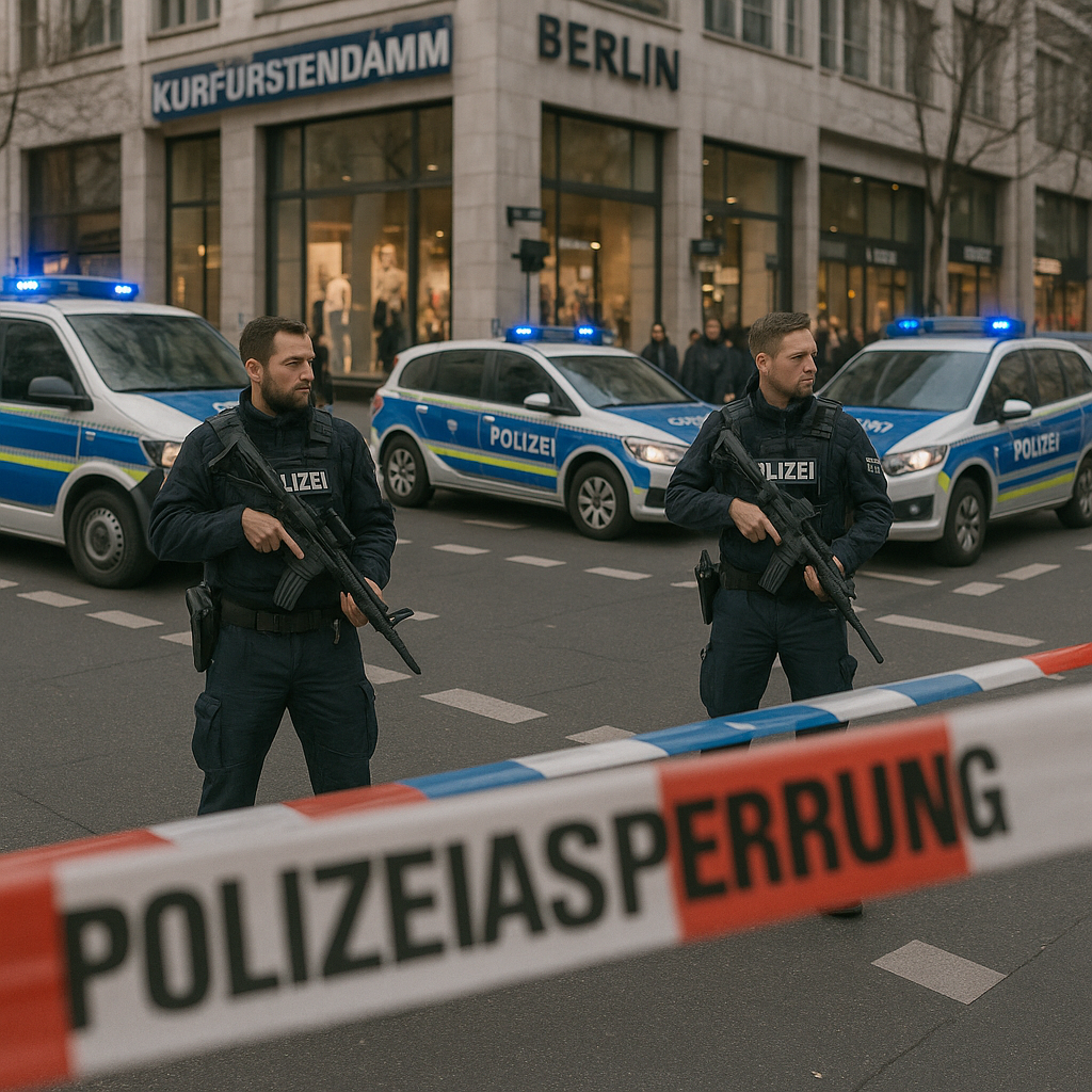 Polizeiabsperrung mit Flatterband am Berliner Kurfürstendamm, mehrere Streifenwagen mit Blaulicht, bewaffnete Polizisten sichern eine Kreuzung, im Hintergrund Schaufenster und Passanten