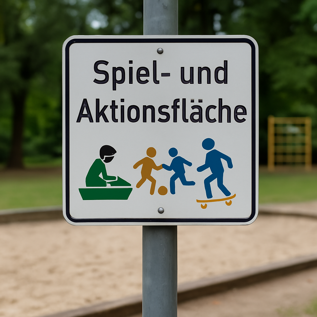 Kölner Spielplatz-Schild mit neuer Bezeichnung „Spiel- und Aktionsfläche“