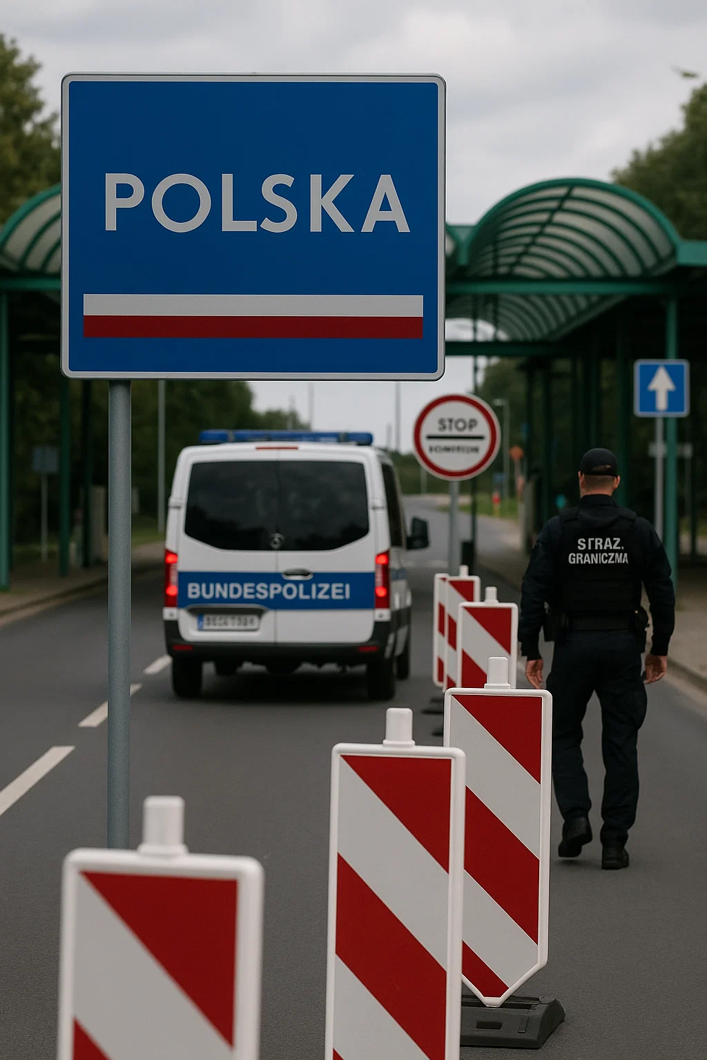 Grenzkontrollstelle zwischen Polen und Deutschland mit Polizei