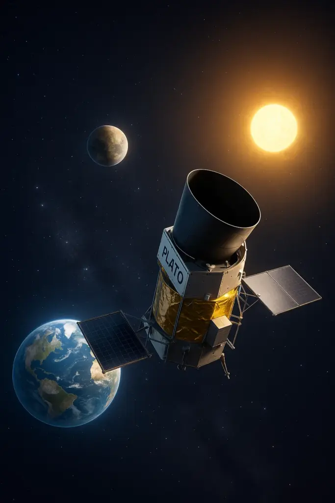 Visualisierung des ESA-Satelliten PLATO im All auf der Suche nach einer zweiten Erde