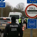 Bundespolizisten an Grenzübergang Deutschland–Polen kontrollieren Fahrzeuge