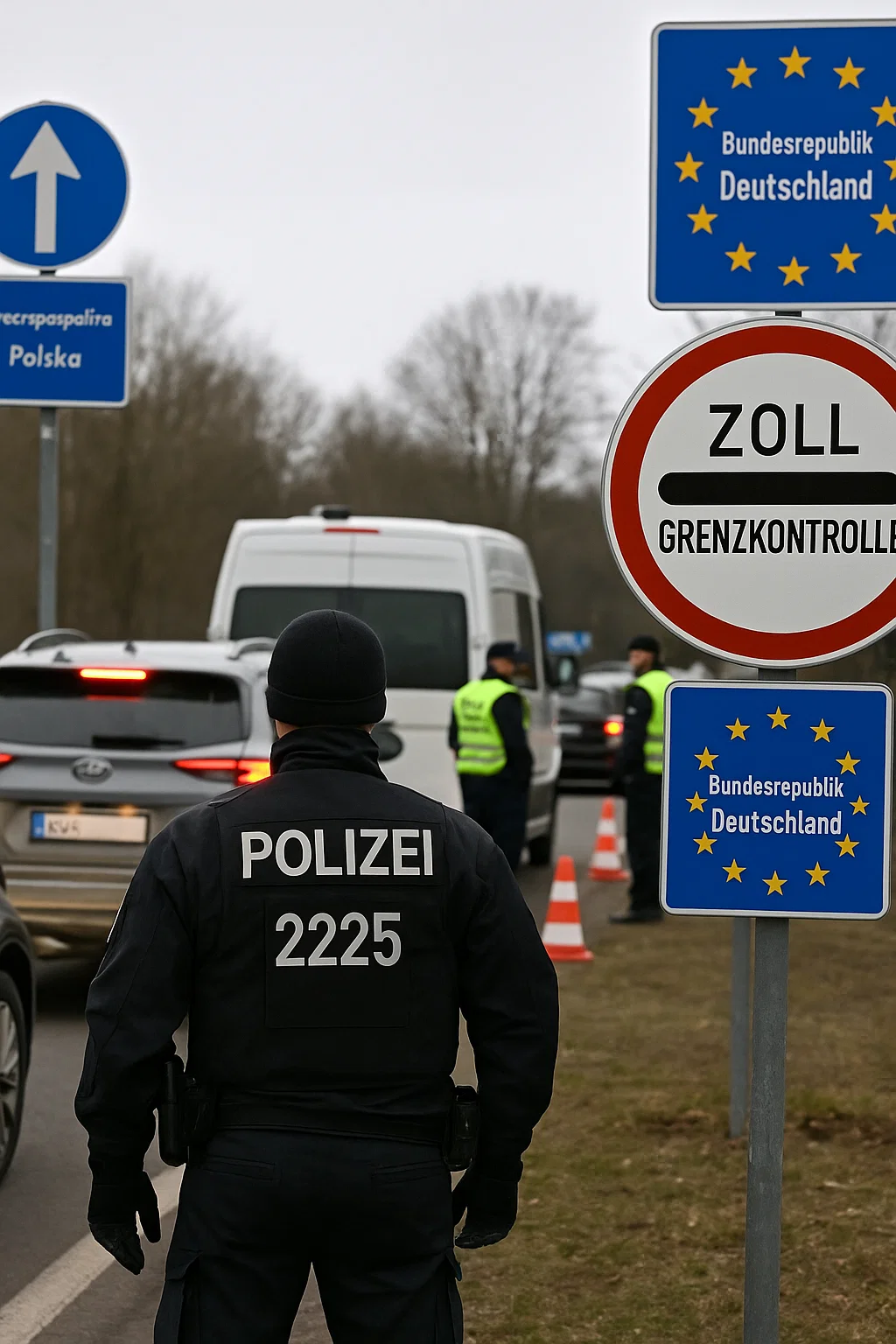 Bundespolizisten an Grenzübergang Deutschland–Polen kontrollieren Fahrzeuge