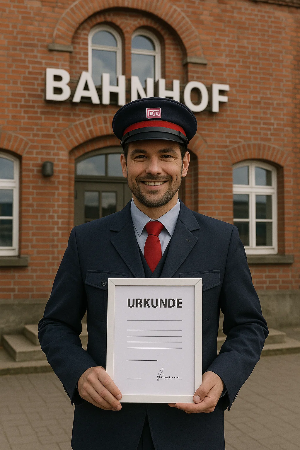 Bahn-Mitarbeiter mit Urkunde und DB-Anstecknadel, Symbolbild für Urlaub und Arbeitszei