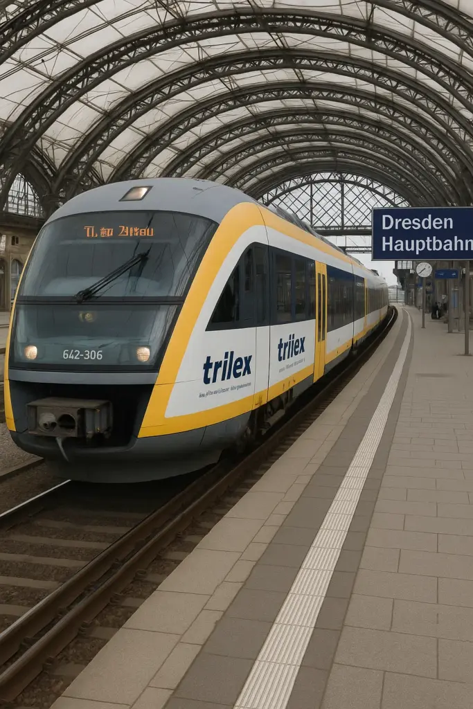 Neuer Trilex‑Dieseltriebwagen der Länderbahn am Hauptbahnhof Dresden für die Strecke nach Görlitz