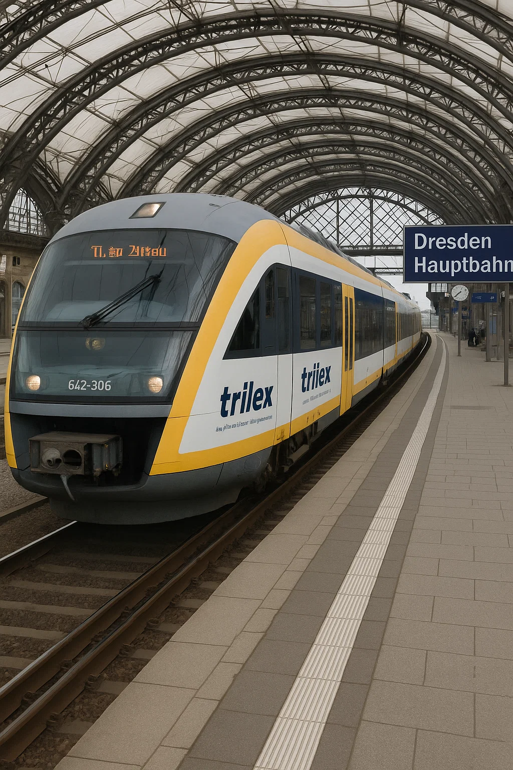 Neuer Trilex‑Dieseltriebwagen der Länderbahn am Hauptbahnhof Dresden für die Strecke nach Görlitz