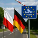 Grenzübergang zwischen Deutschland und Polen mit Straßenschildern und Grenzpfosten