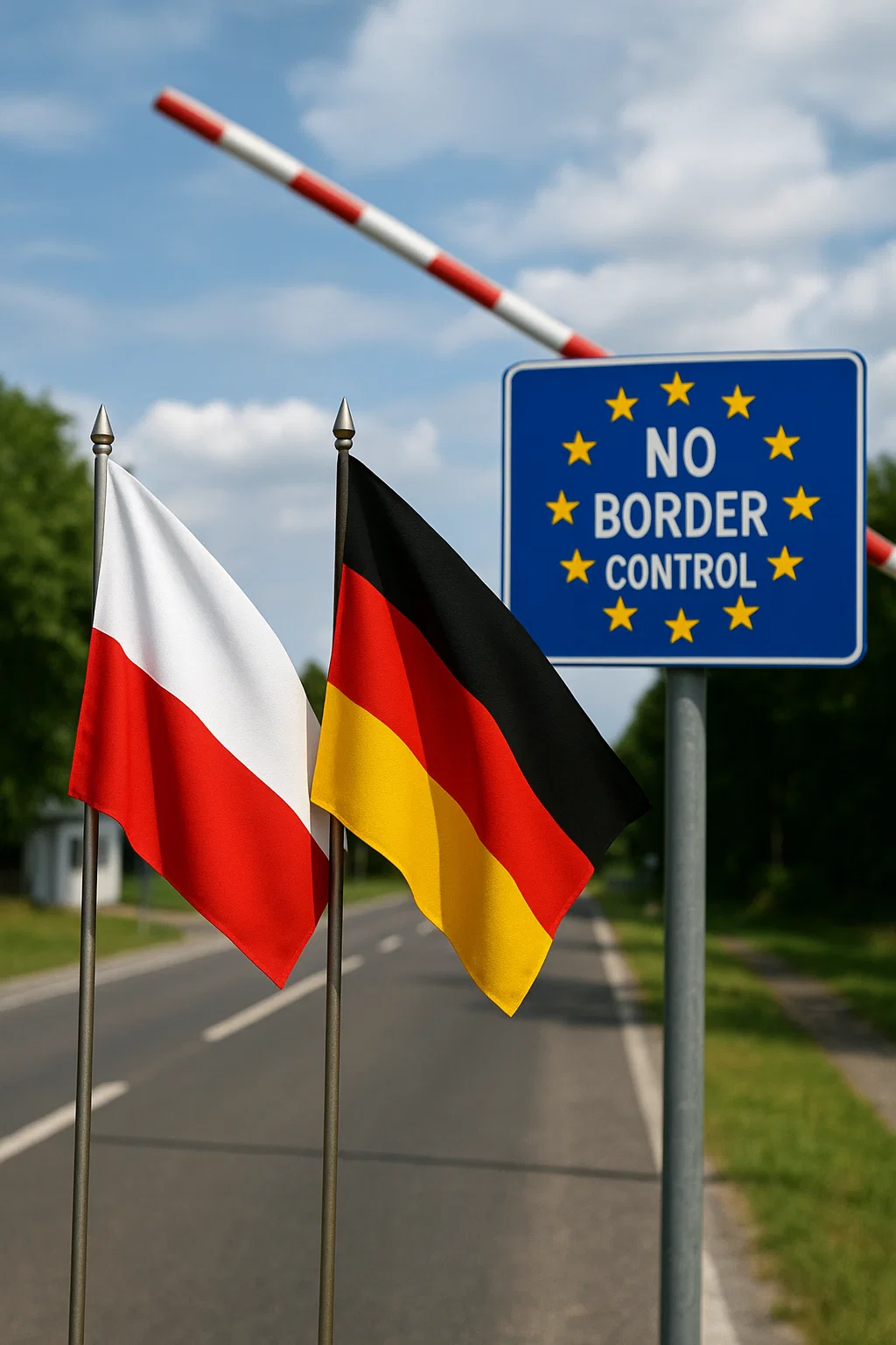 Grenzübergang zwischen Deutschland und Polen mit Straßenschildern und Grenzpfosten