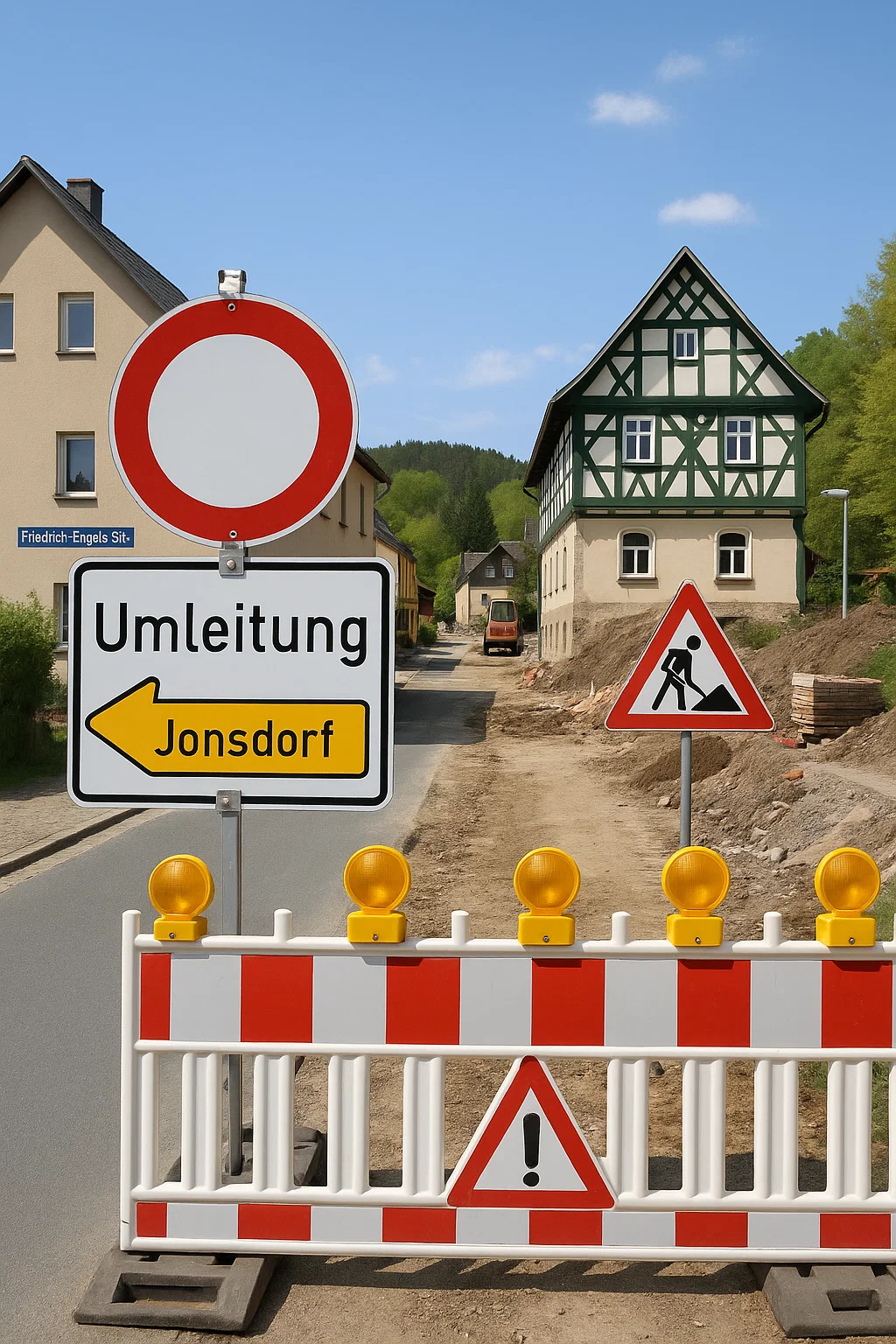 Bauarbeiten auf der Friedrich-Engels-Straße in Oybin mit Bagger und Absperrung