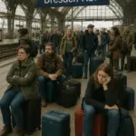 Wartende Reisende am Hauptbahnhof Dresden wegen Verspätung nach Prag