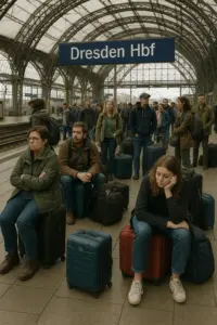Wartende Reisende am Hauptbahnhof Dresden wegen Verspätung nach Prag