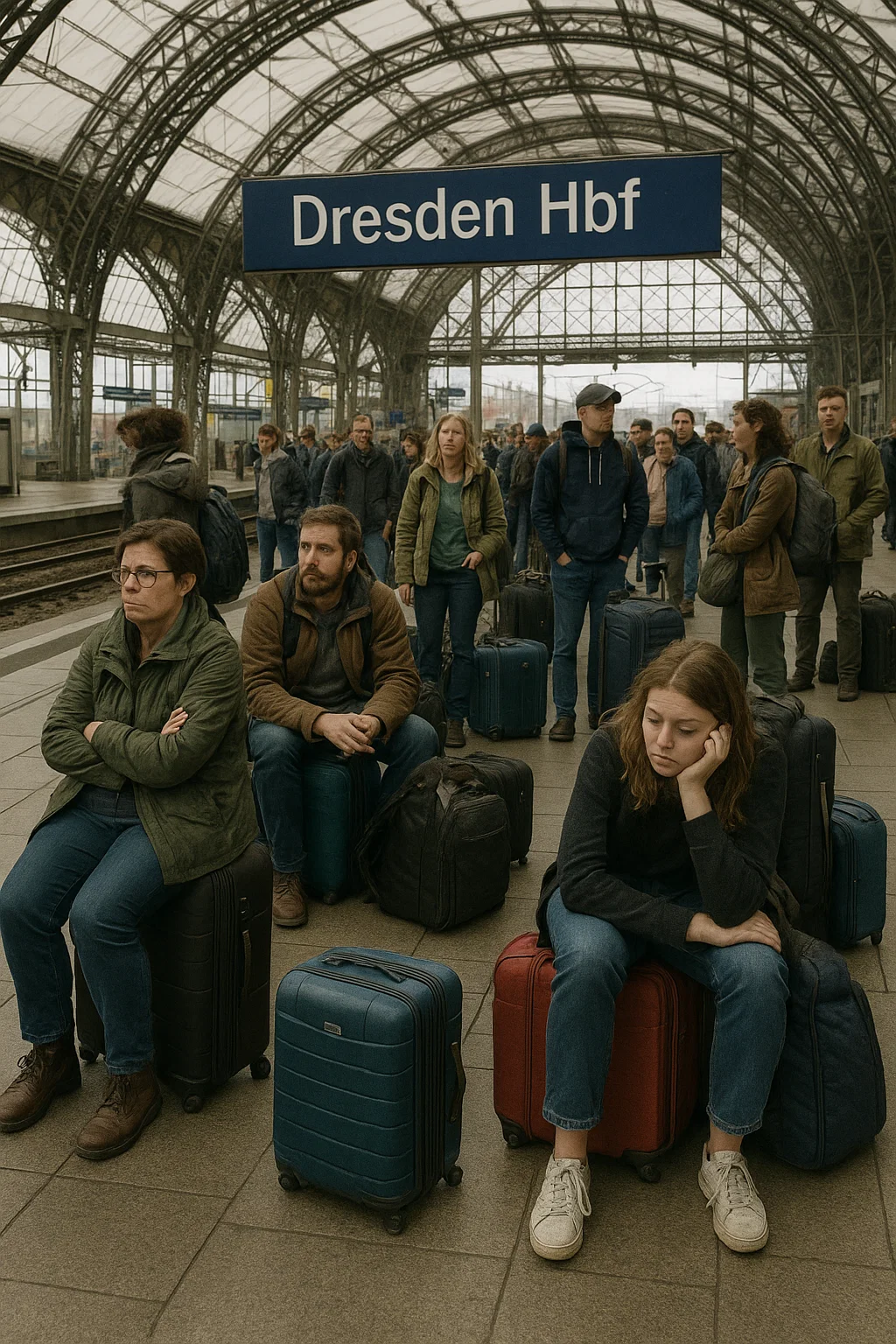 Wartende Reisende am Hauptbahnhof Dresden wegen Verspätung nach Prag