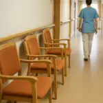 Symbolbild Pflegekrise: Pflegekraft in leerem Aufenthaltsraum eines Heims