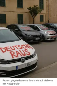 Protest gegen deutsche Touristen auf Mallorca mit Hassparolen an Autos