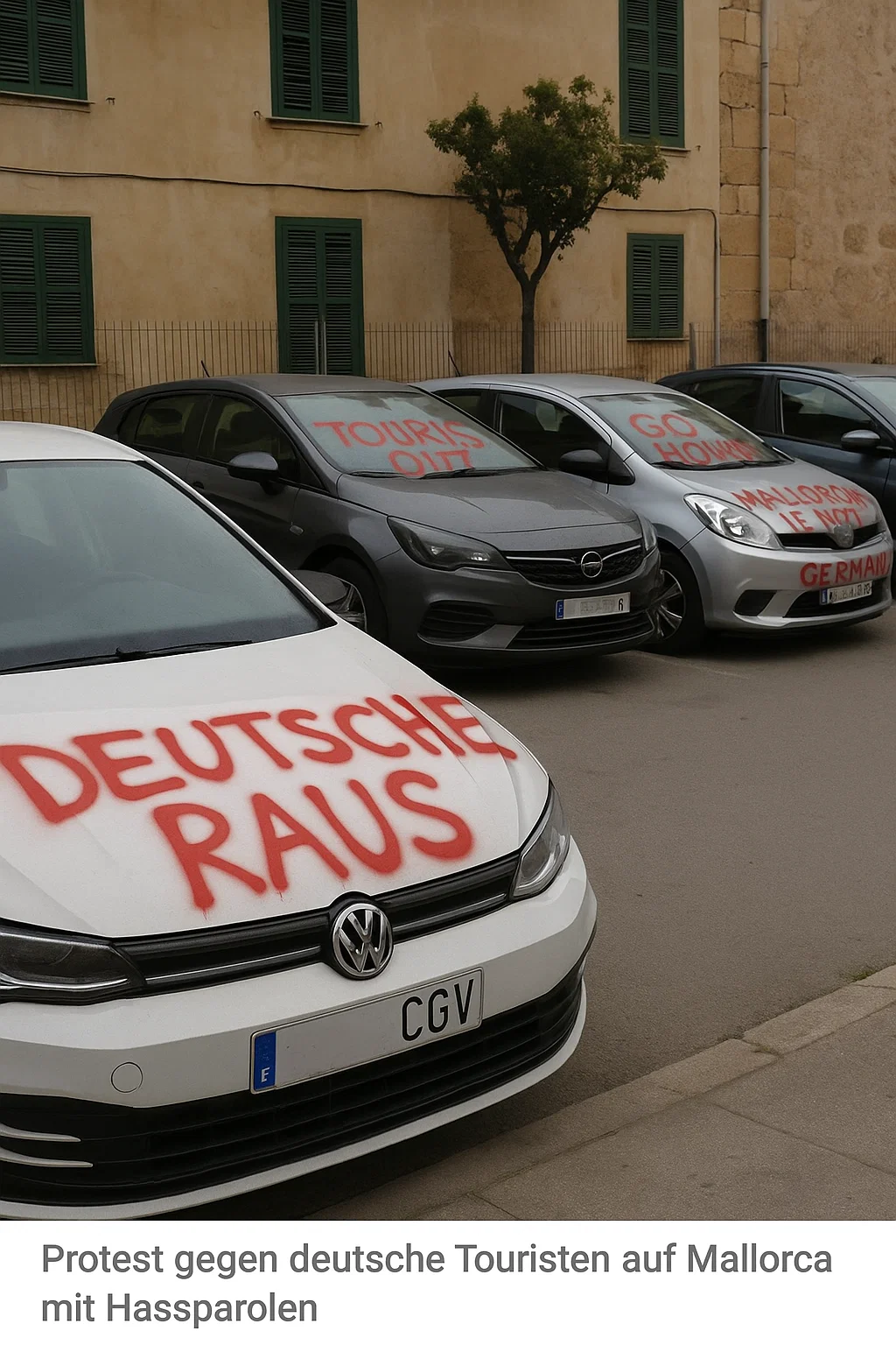 Protest gegen deutsche Touristen auf Mallorca mit Hassparolen an Autos