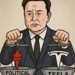 Elon Musk bei Pressekonferenz mit Parteisymbolik und Tesla-Logo