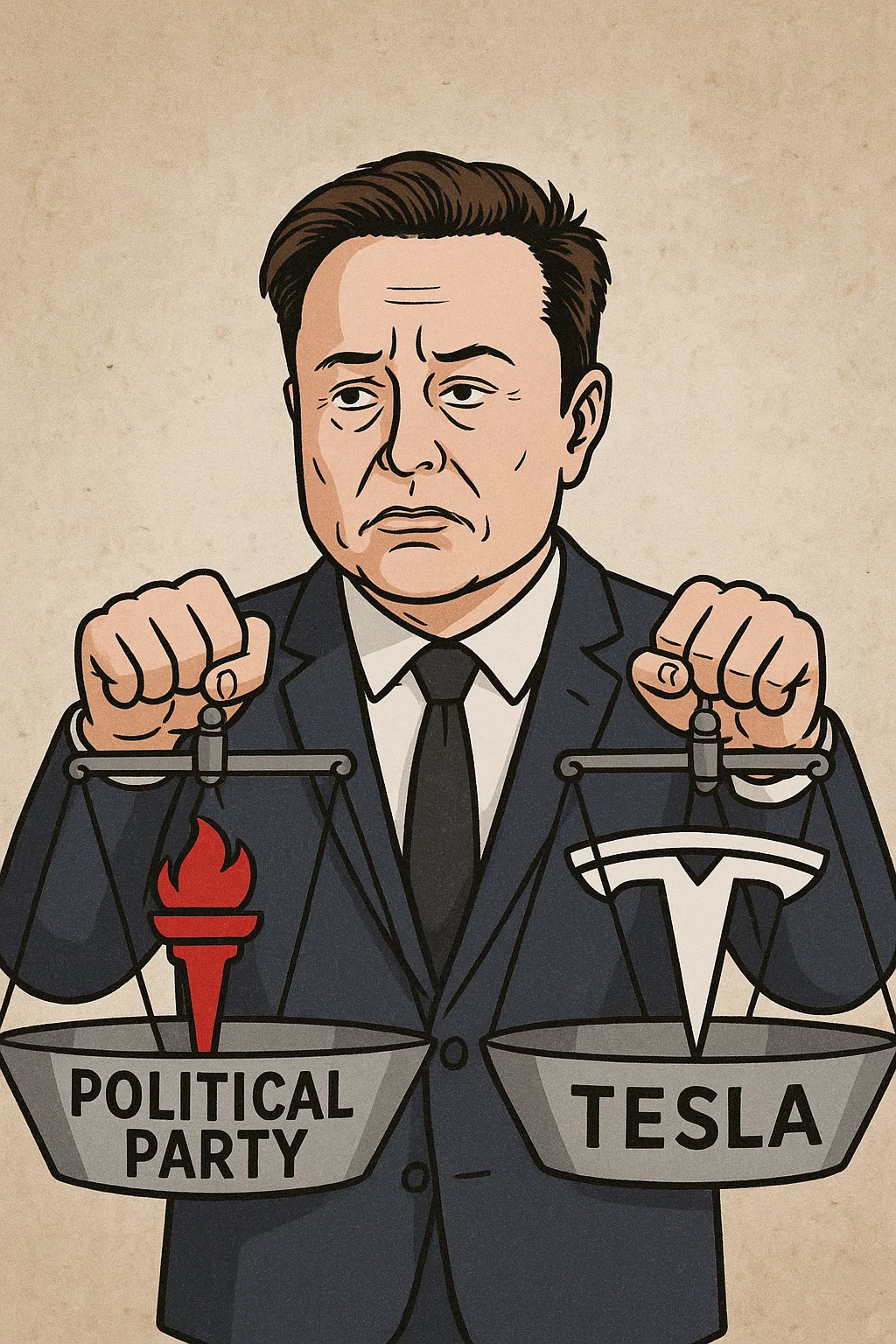 Elon Musk bei Pressekonferenz mit Parteisymbolik und Tesla-Logo