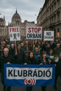Menschen mit Regenbogenfahne und Protestplakaten in Budapest