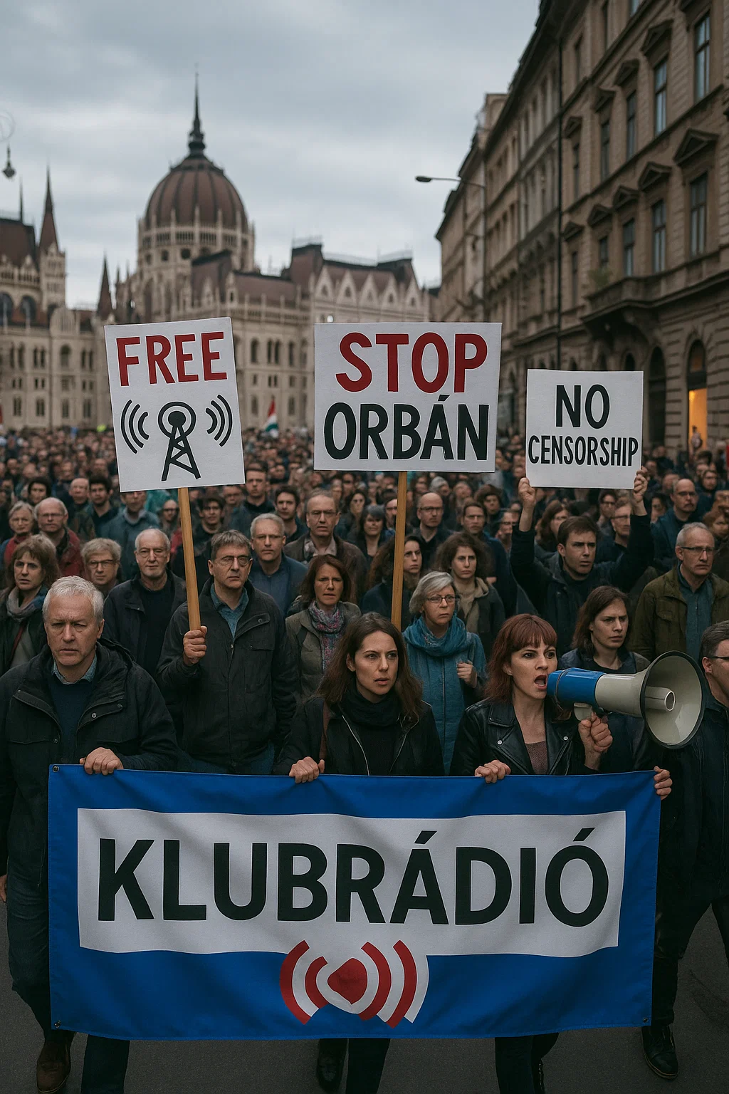 Menschen mit Regenbogenfahne und Protestplakaten in Budapest