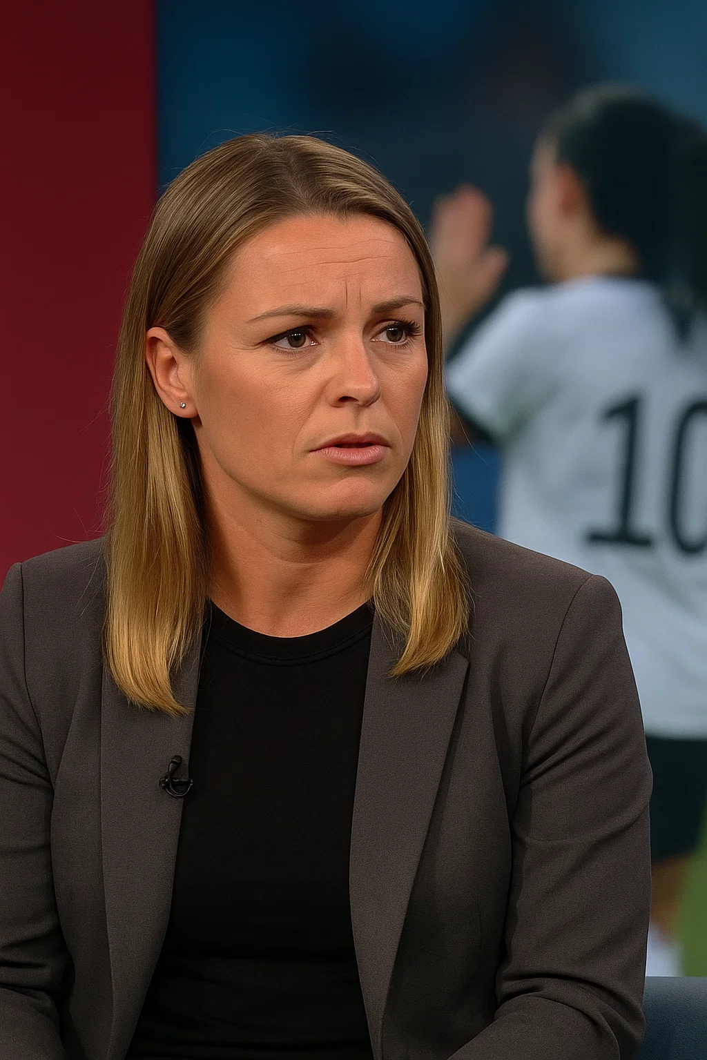 Julia Simic bei einem TV-Auftritt, ernst blickend