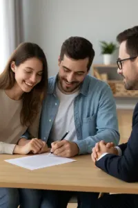 Paar unterschreibt Partnerschaftsvertrag in Anwaltskanzlei