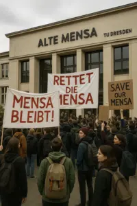 Studierende stehen zur Mittagszeit in der TU-Mensa in Dresden – Schließung droht