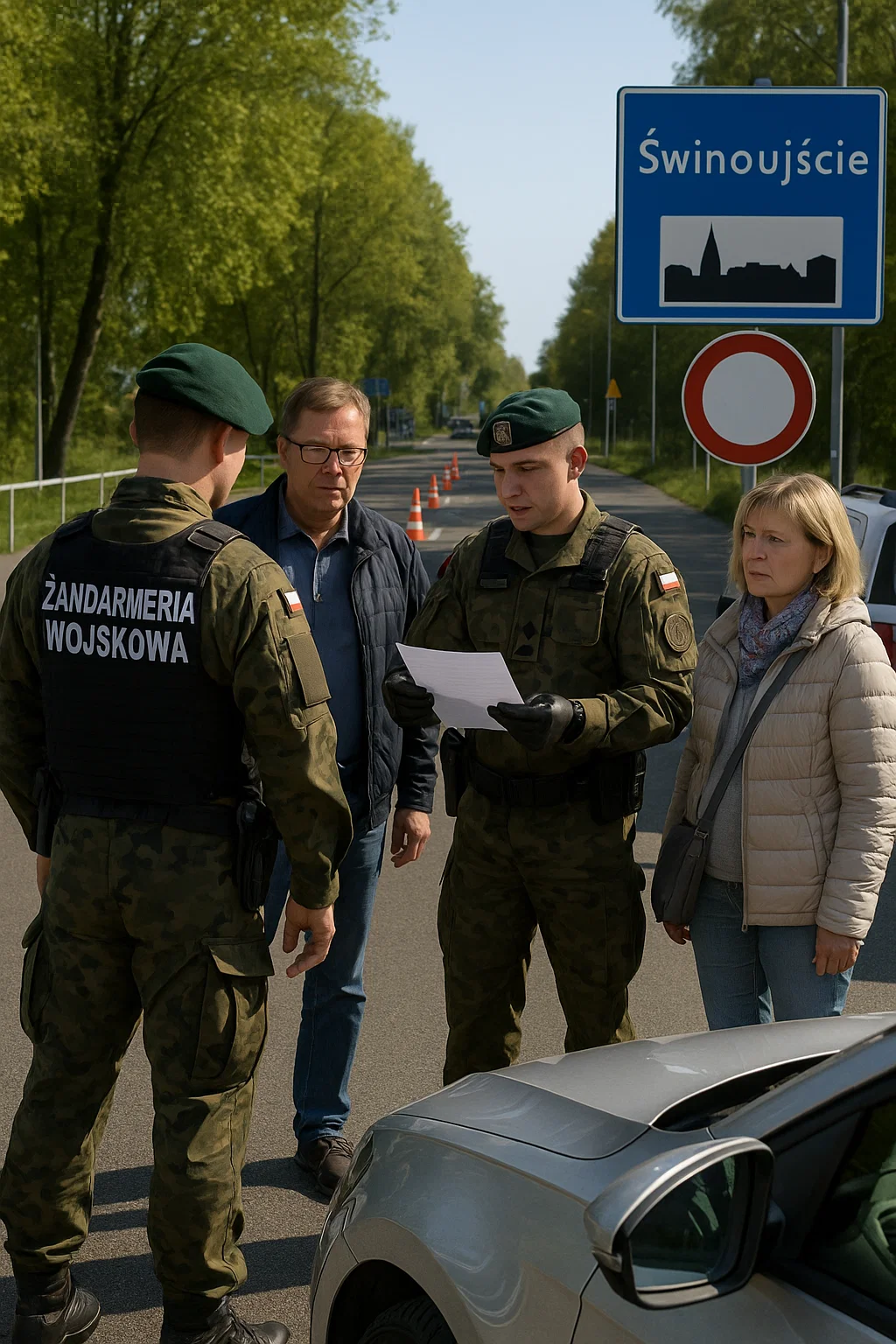 Polnische Militärpolizei kontrolliert Touristen am Grenzübergang Ahlbeck auf Usedom