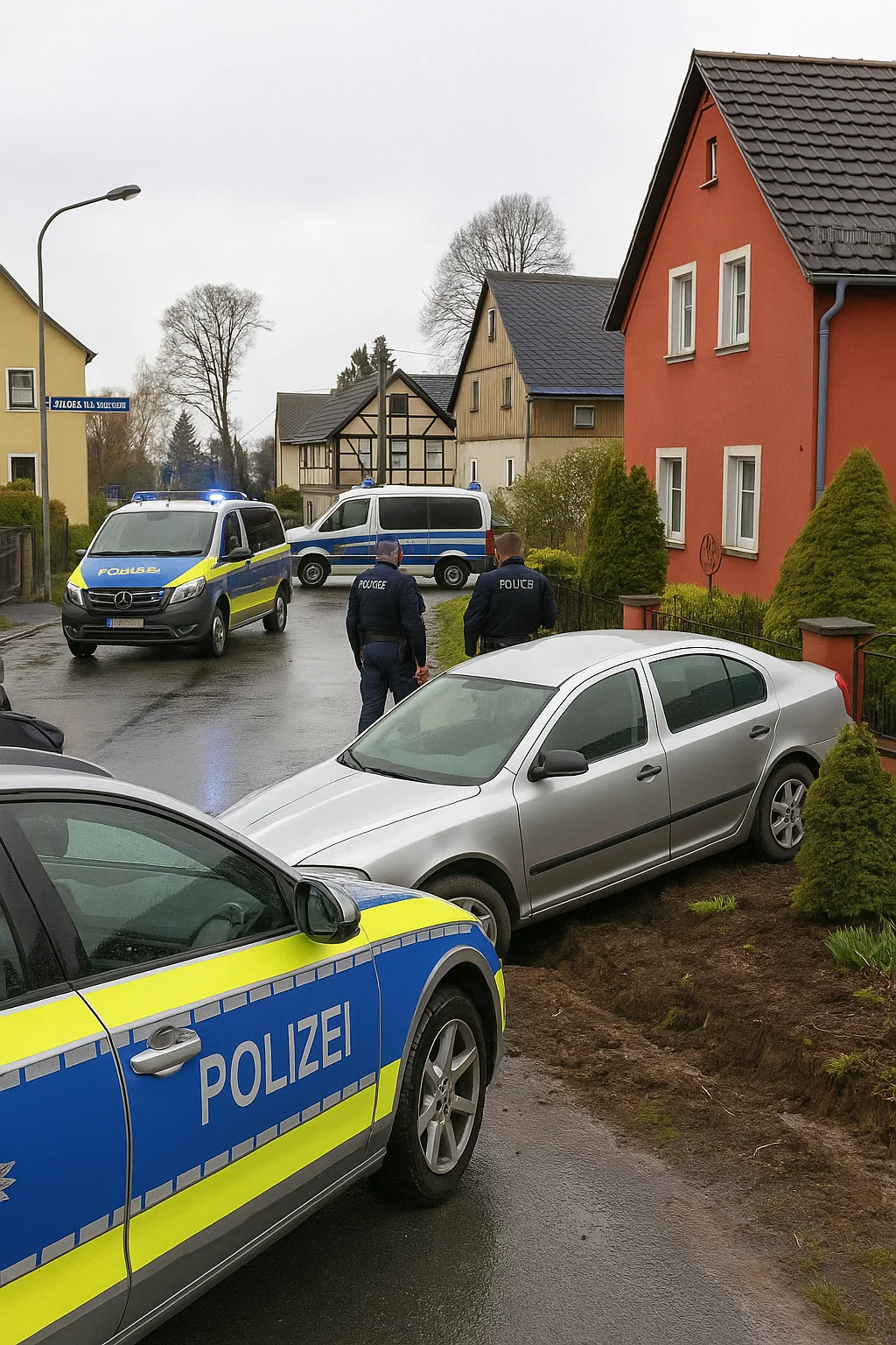 Polizeiabsperrung nach Unfall in Spitzkunnersdorf – Auto im Vorgarten“