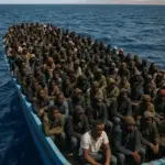 Migranten auf einem überfüllten Boot vor der libyschen Küste – EU-Grenzkrise 2025