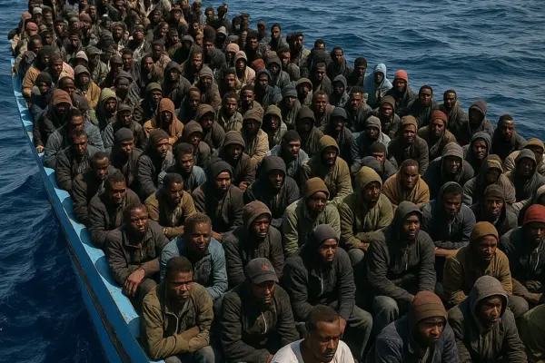 Migranten auf einem überfüllten Boot vor der libyschen Küste – EU-Grenzkrise 2025