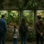 Besucher vor Terrarien mit exotischen Tieren im Schmetterlingshaus Jonsdorf